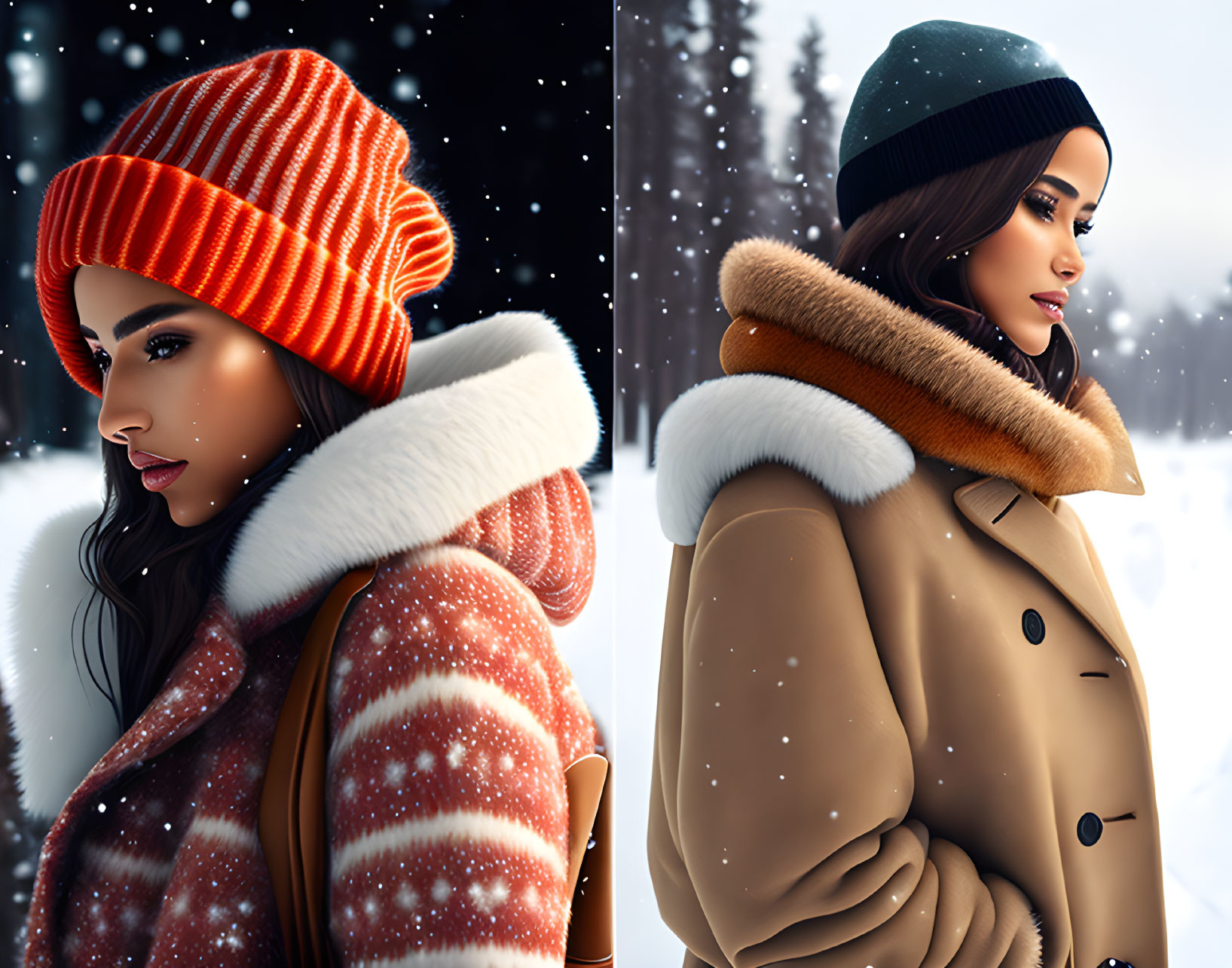 Two women in winter attire standing back-to-back in snowy setting