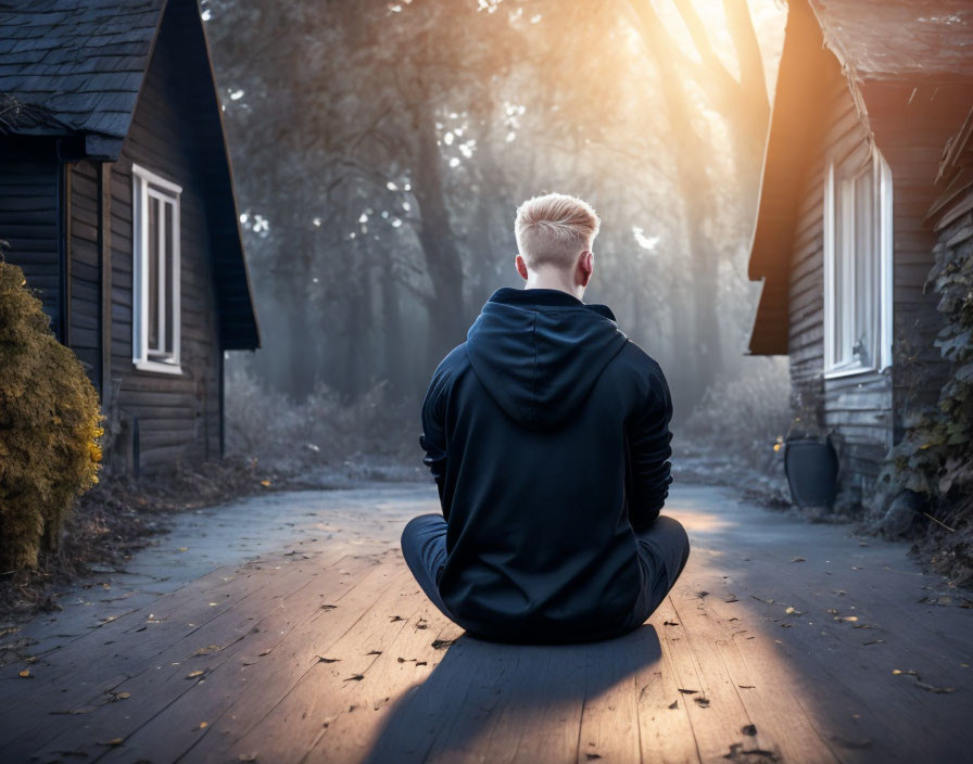 Man sitting cross-legged on misty path between wooden cabins with sunlight filtering through trees