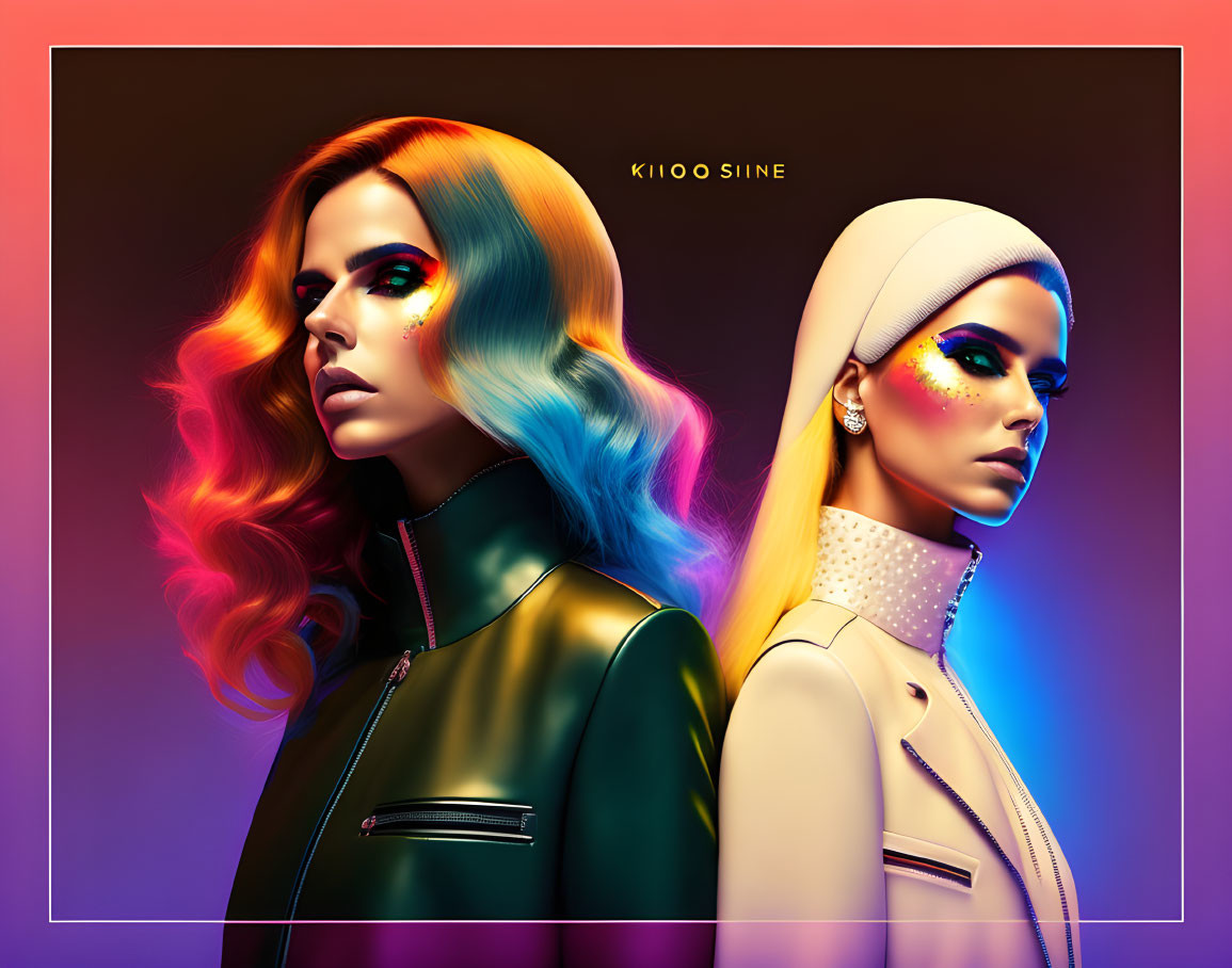 Stylized women with vibrant makeup and hair on neon background