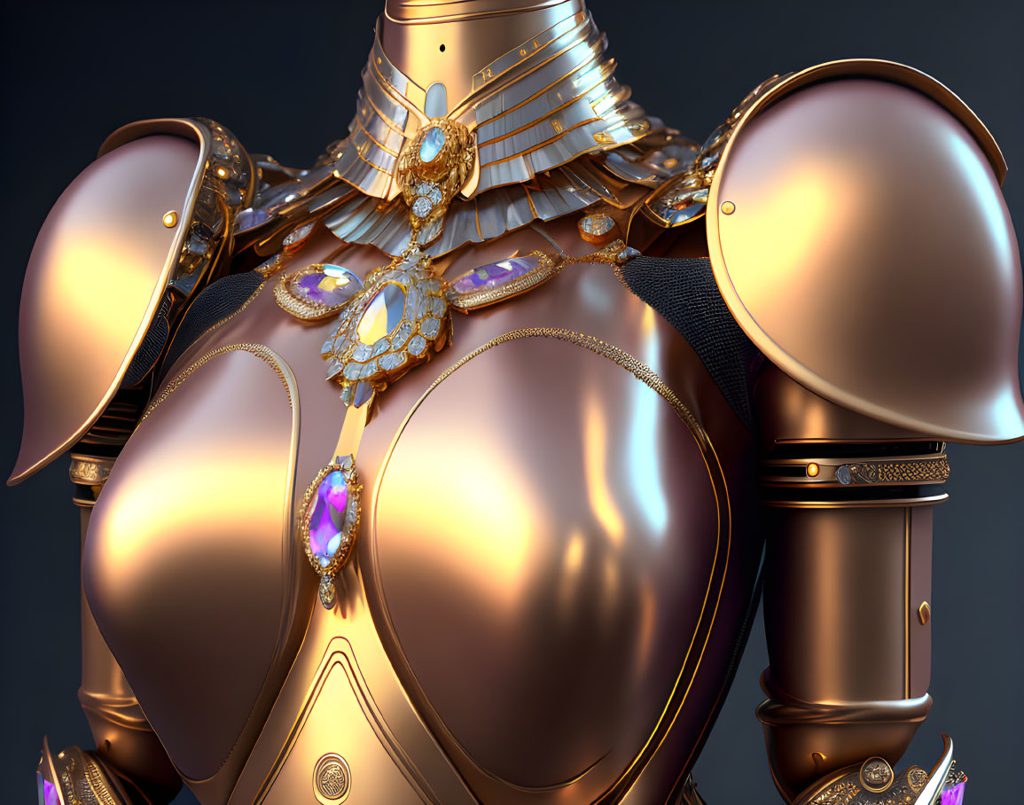 Detailed Ornate Golden Armor with Purple Gemstones on Dark Background