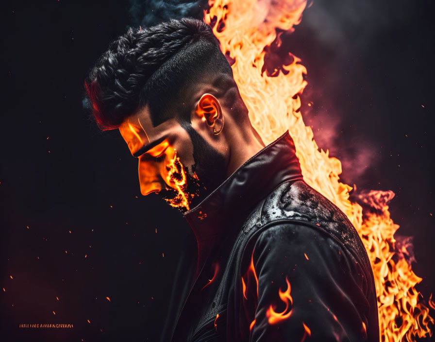 Man with Stylized Haircut Surrounded by Intense Flames in Dark Background