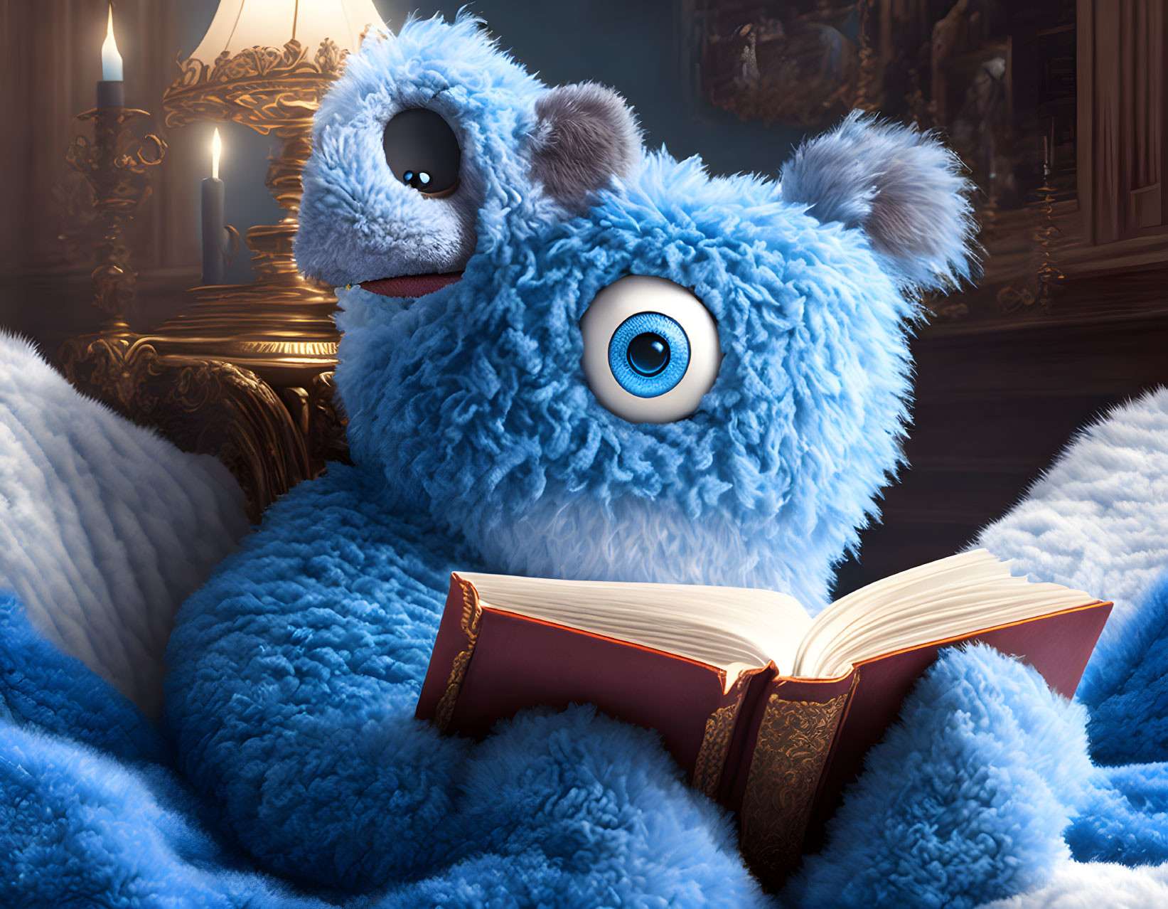 Blue Fluffy Monster Reading Book on Luxurious Couch