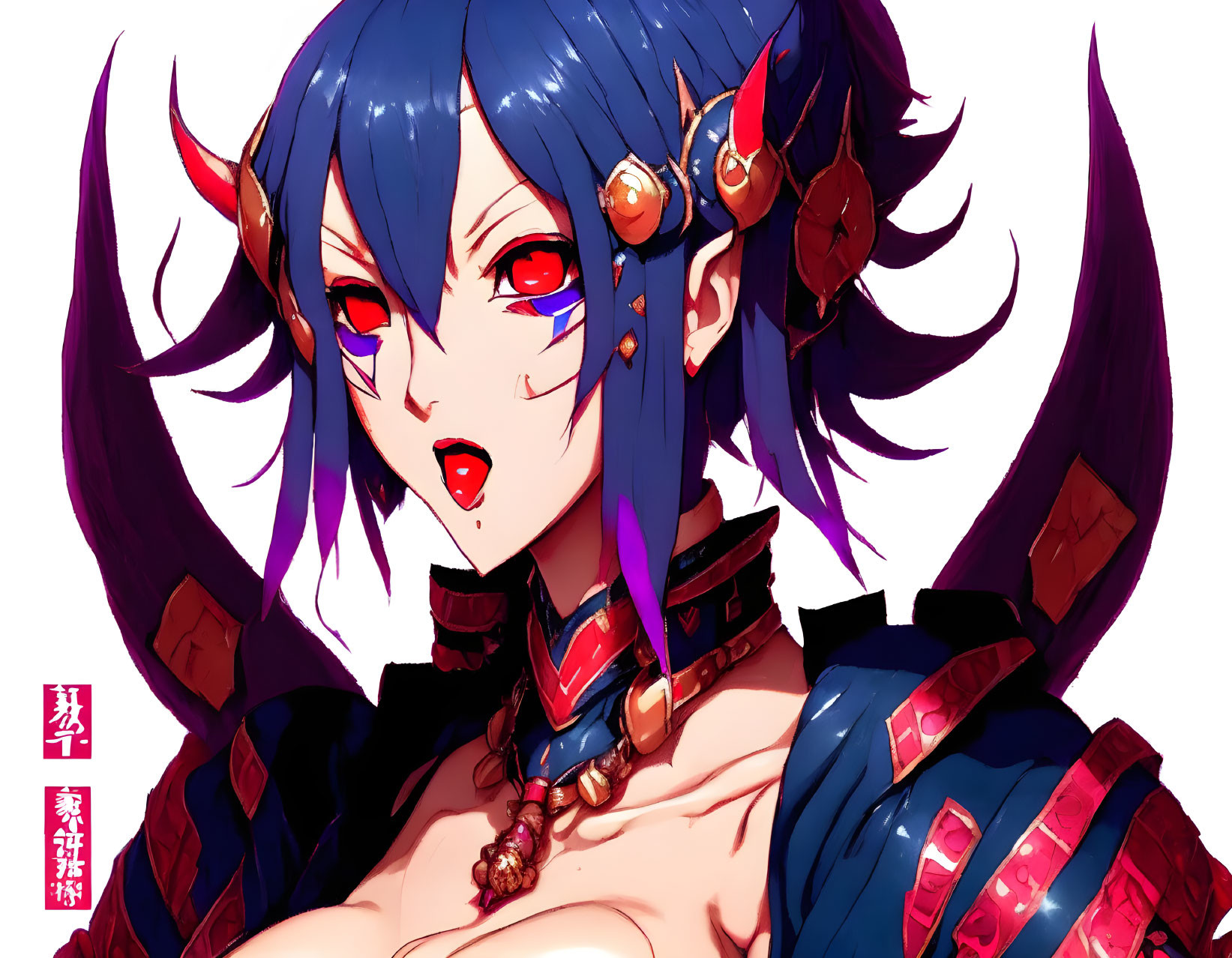 Fantasy character with blue hair, red eyes, and horns in red and gold armor