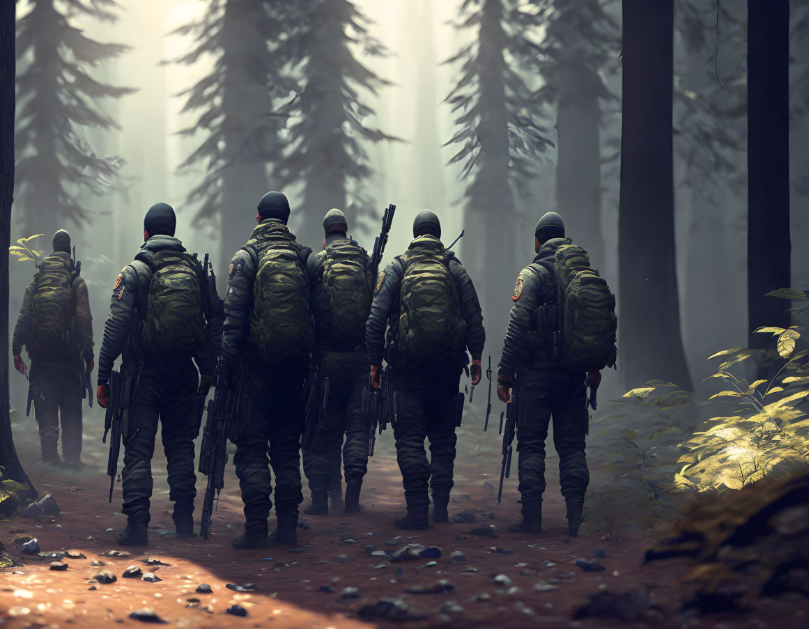 Armed soldiers on patrol in misty forest