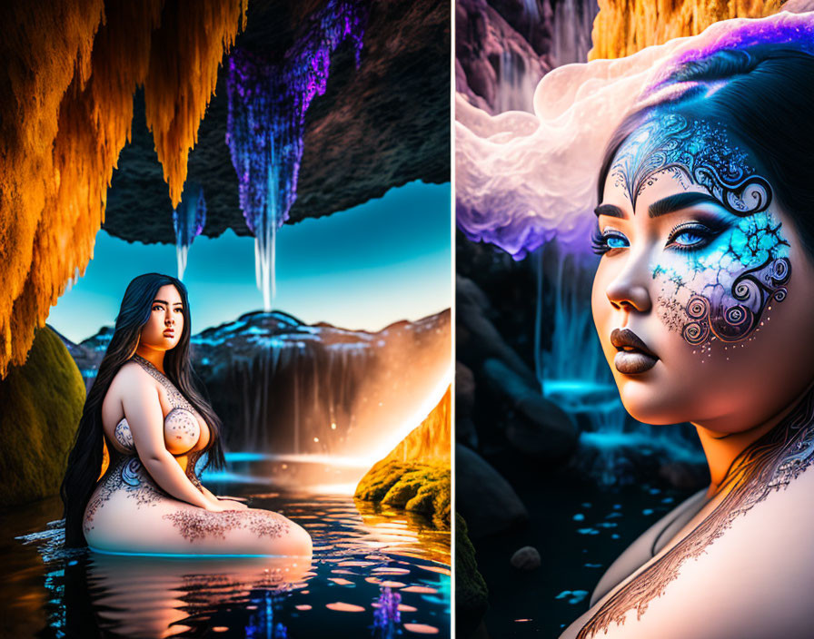 Split-screen image: Woman with body paint by waterfall and close-up of face with makeup art