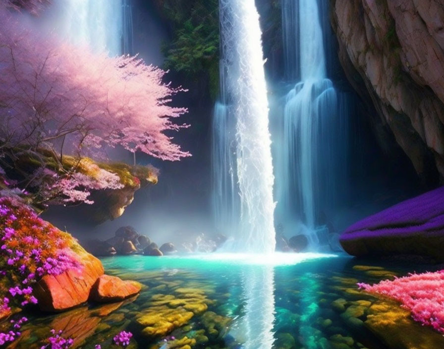 Scenic waterfall with cherry blossoms and wildflowers