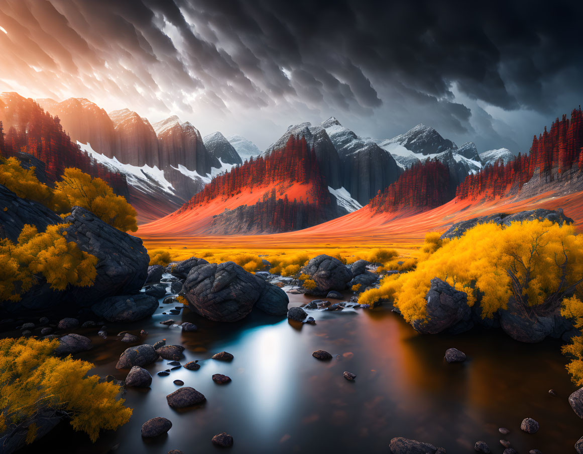 Vibrant yellow foliage, serene river, dark clouds, red mountains