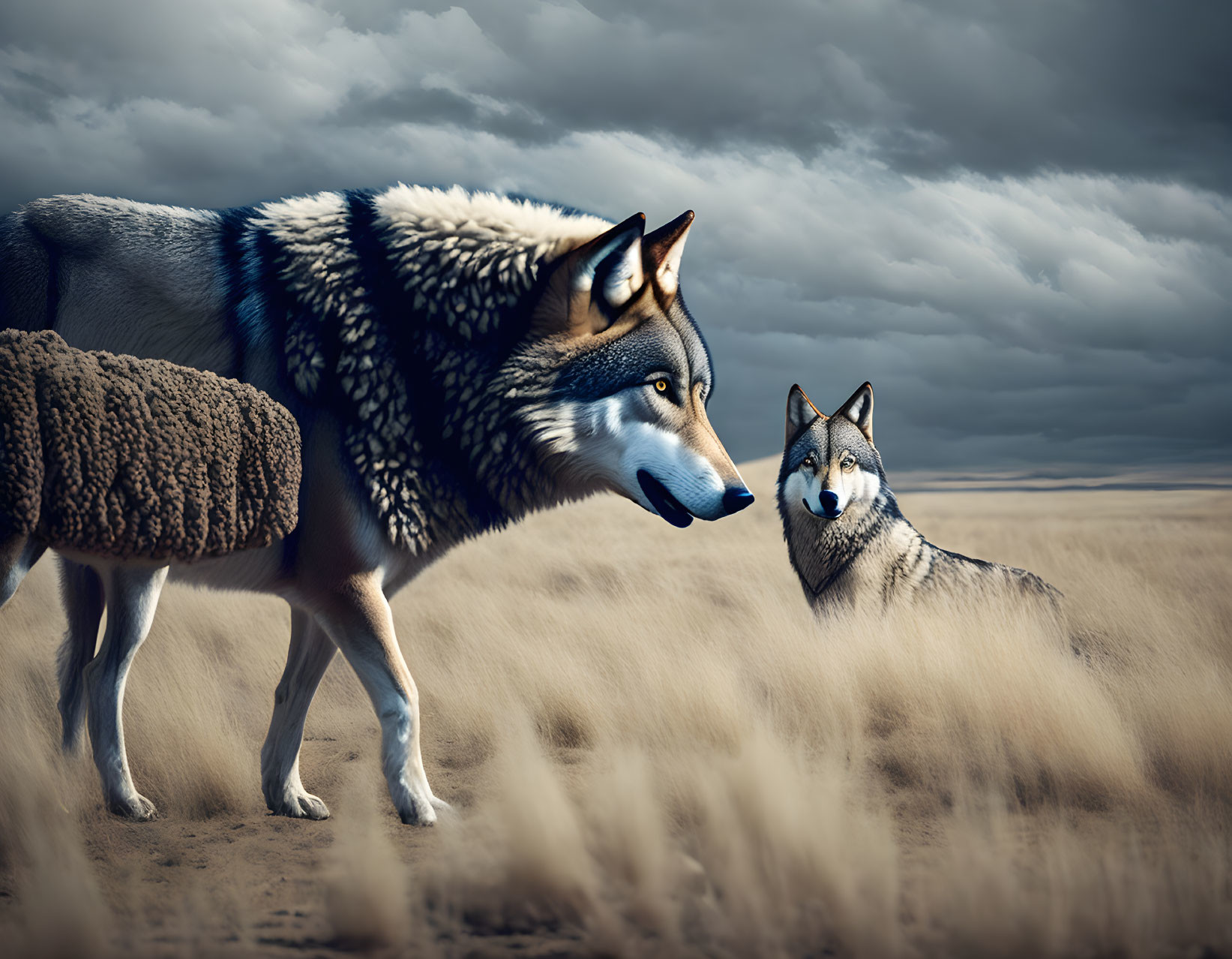 Digital artwork: wolf with lamb's body next to regular wolf in barren setting