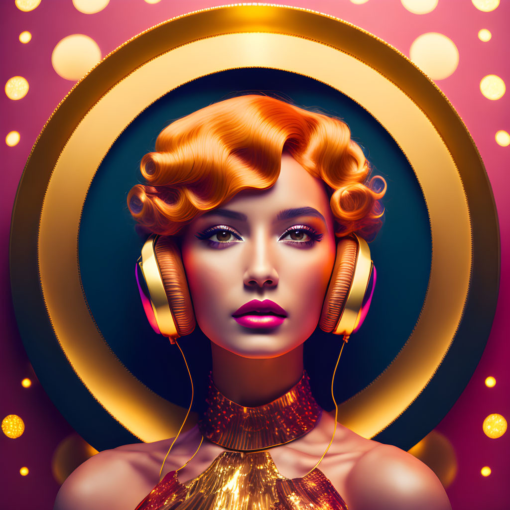 Stylized portrait of woman with golden headphones and vintage hairstyle on pink and gold backdrop