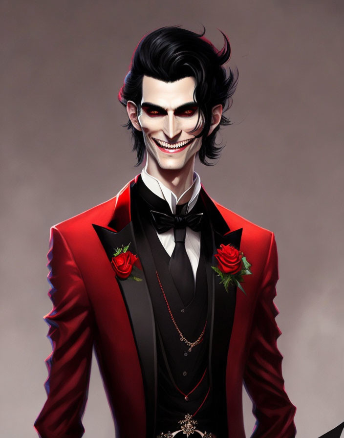 Smiling vampire in red and black tuxedo with fangs on grey background