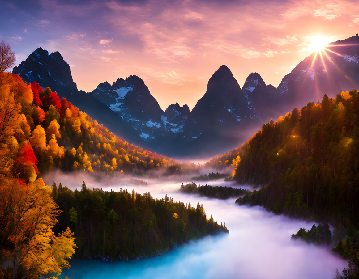 Misty Mountainous Landscape with Autumn Foliage and Blue Lake