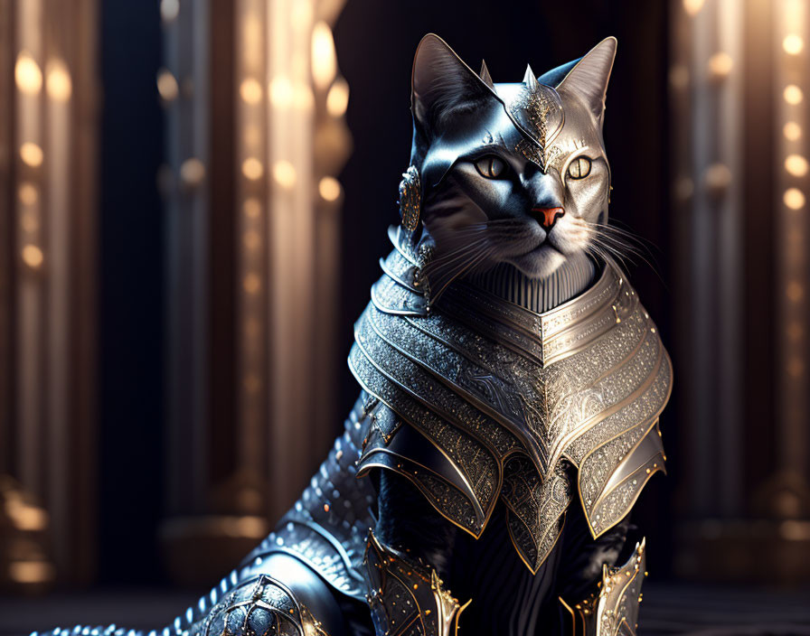 Regal cat in ornate armor against elegant columns