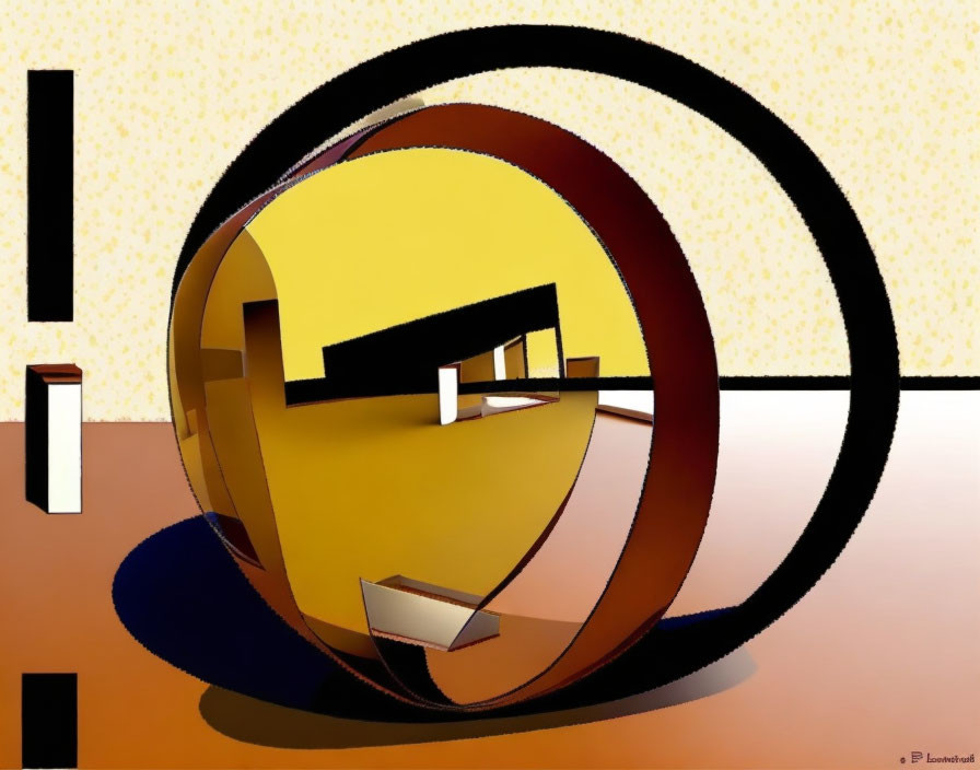 Geometric 3D Art: Shiny Gold and Black Torus Amid Abstract Shapes