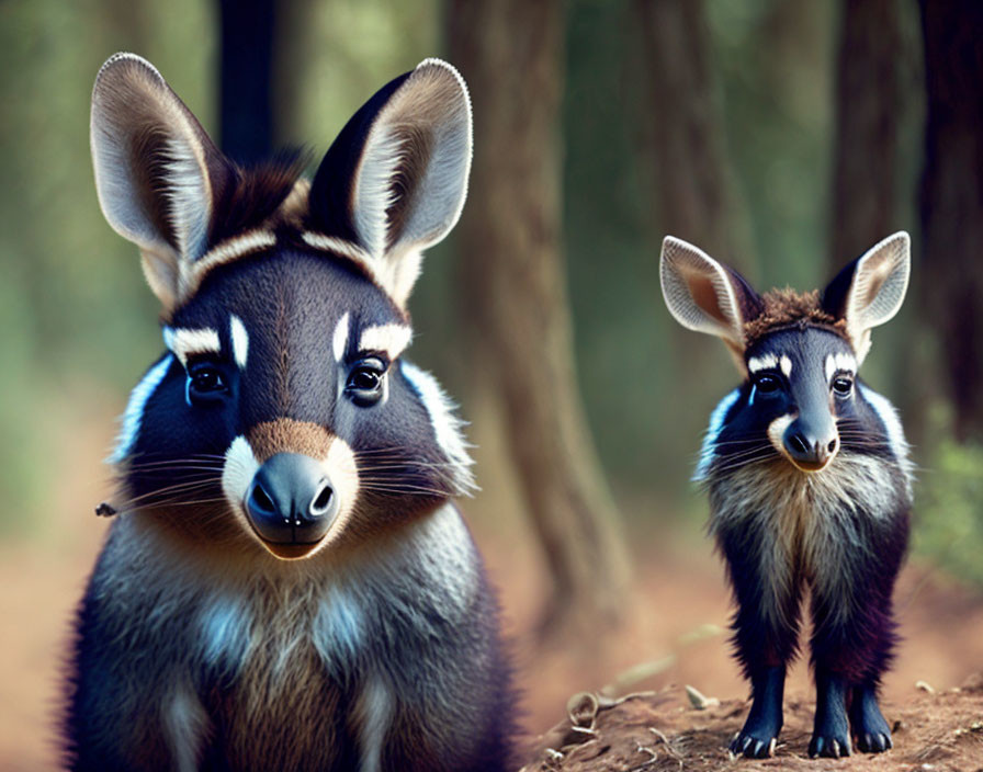 Distinctive facial markings on two antelopes in wooded area