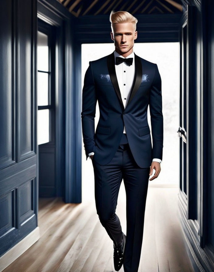 Sophisticated individual in blue tuxedo walking in elegant hallway