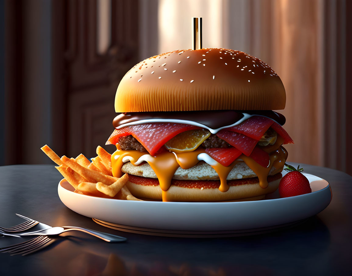 Detailed realistic illustration of cheeseburger, fries, and strawberry on a plate