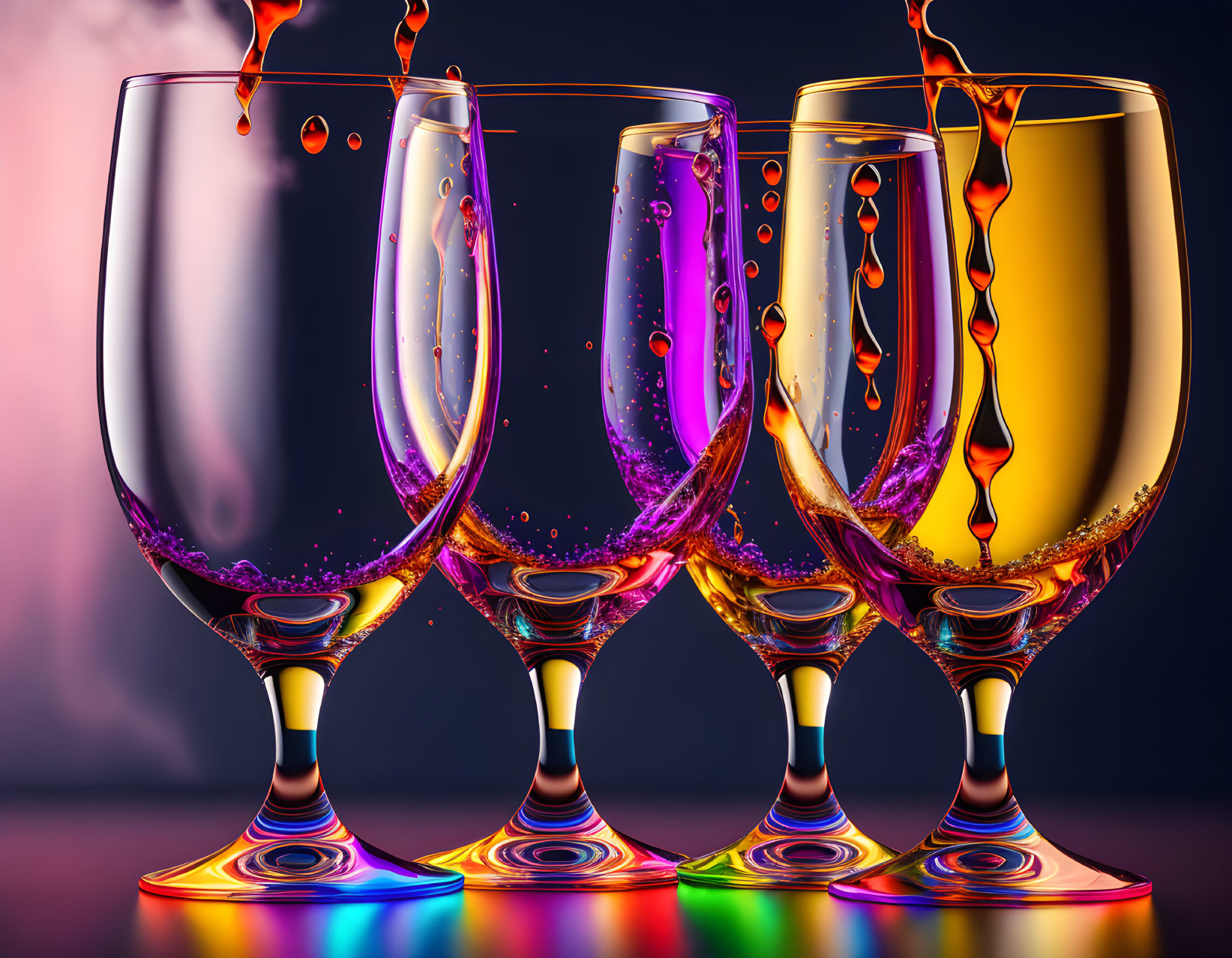 Colorful liquid splashing from four glasses on reflective surface