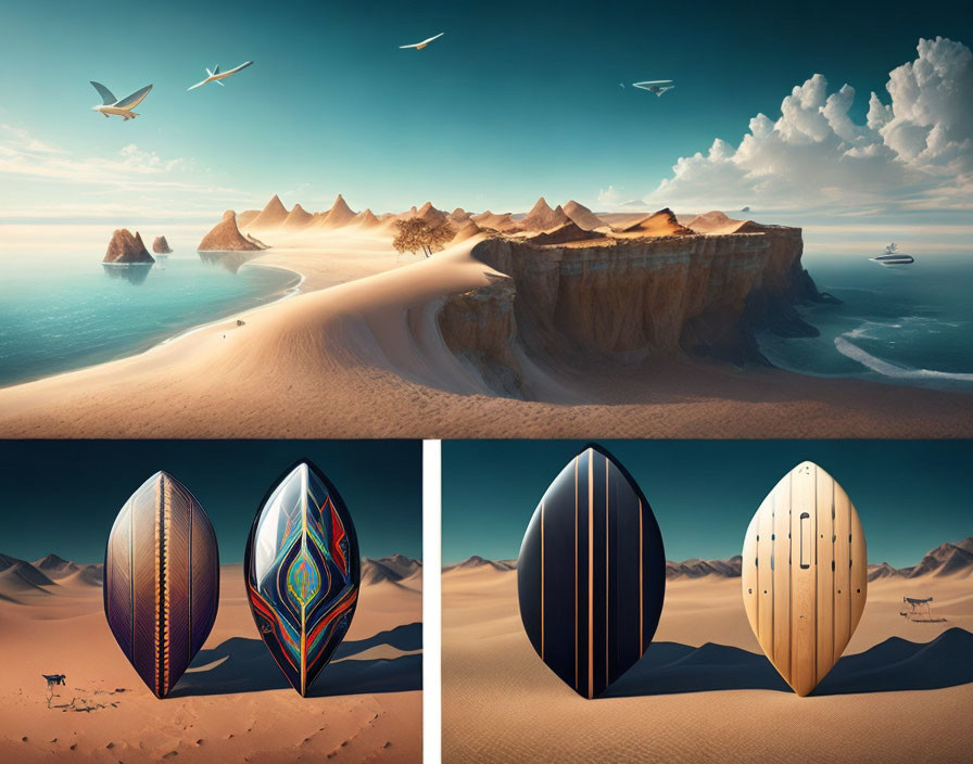 Surreal desert landscape with flying birds, rock formations, yacht, and surfboards