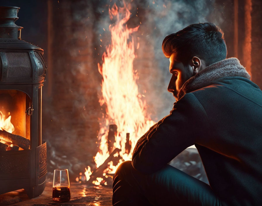 Man Contemplating Beside Wood Stove with Whiskey Glass