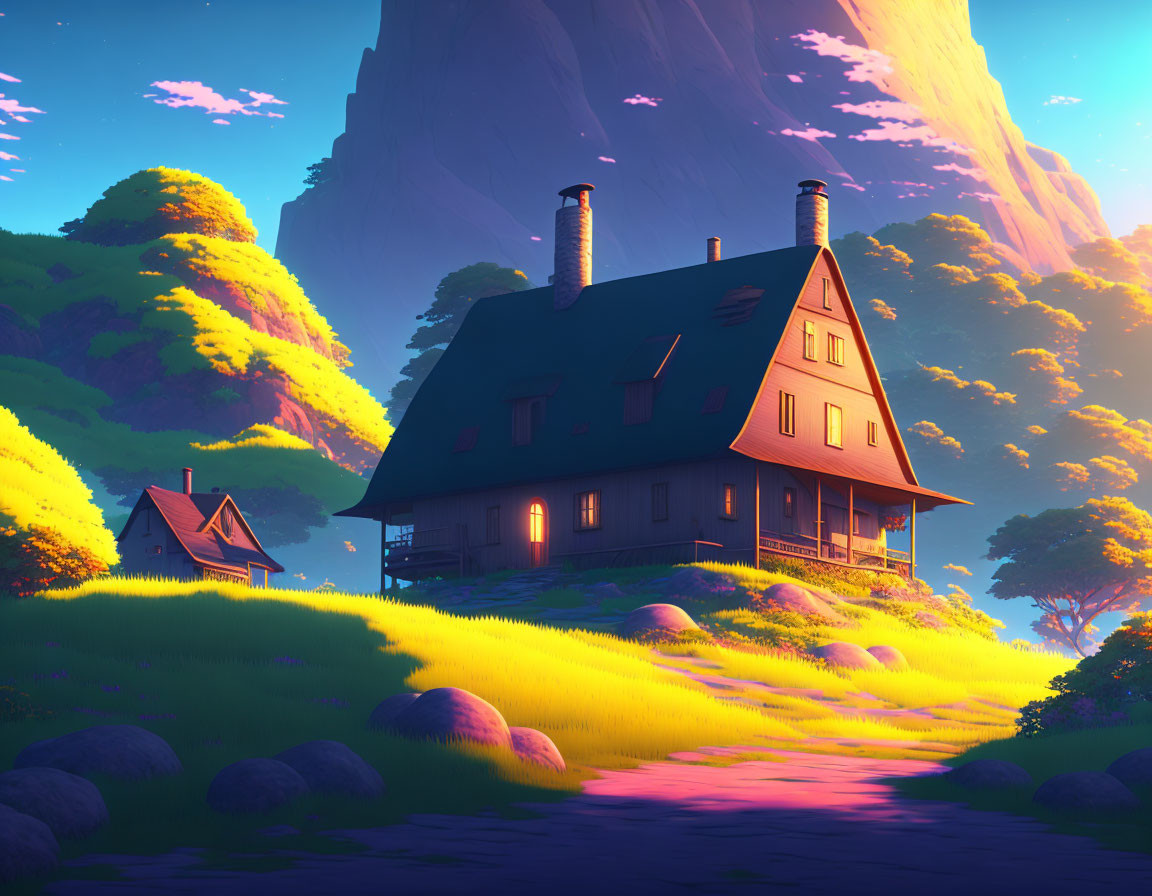 Illustrated sunset landscape with cozy house nestled in vibrant hills