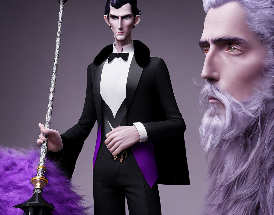 Stylized animated male characters in black tuxedo and white hair on purple backdrop