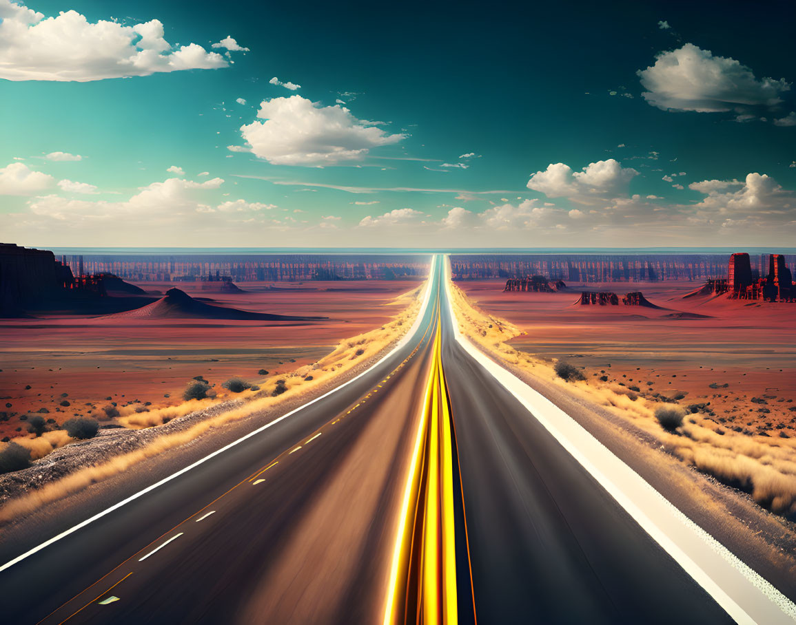 Desert landscape with long highway and rock formations