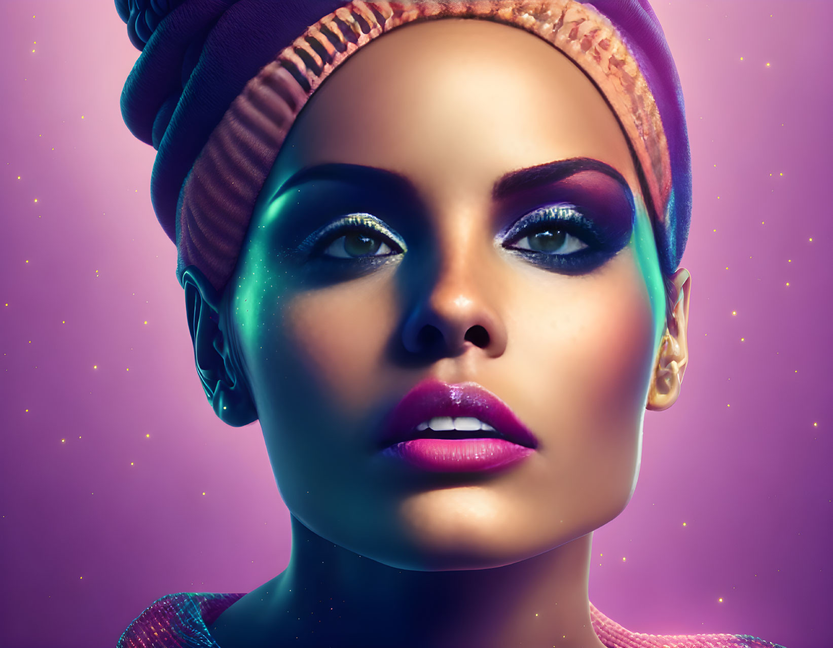 Vibrant makeup woman with glowing skin and turban on purple backdrop