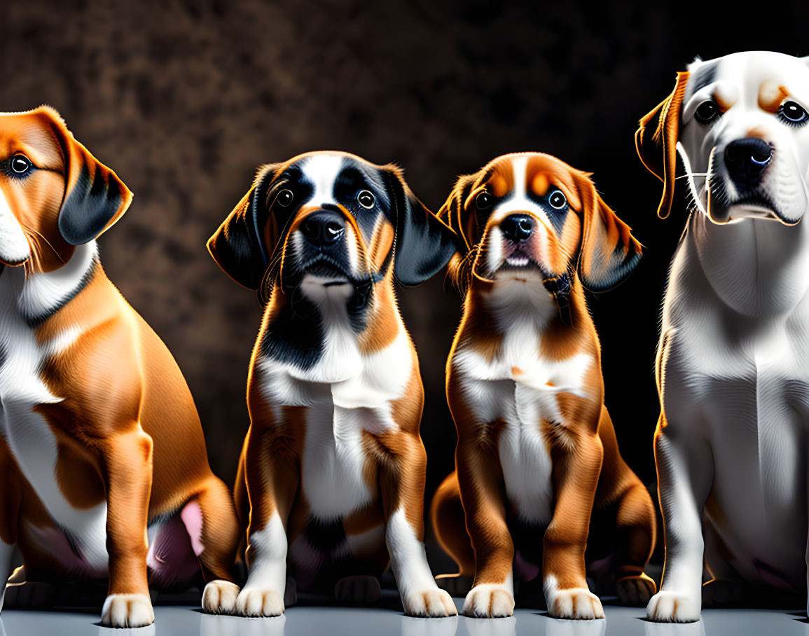 Four Beagle Puppies in a Row Against Dark Background