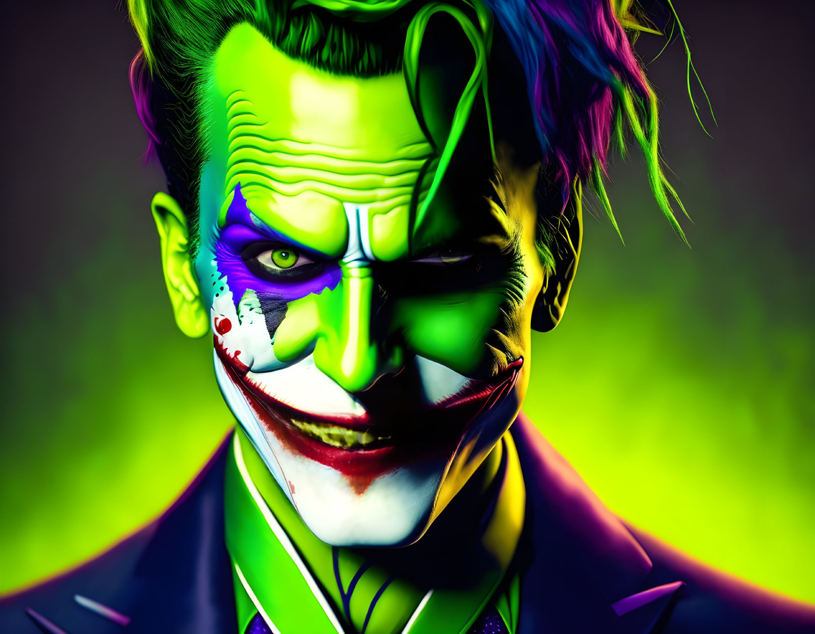 Vibrant digital artwork: Joker with green, purple, and red features