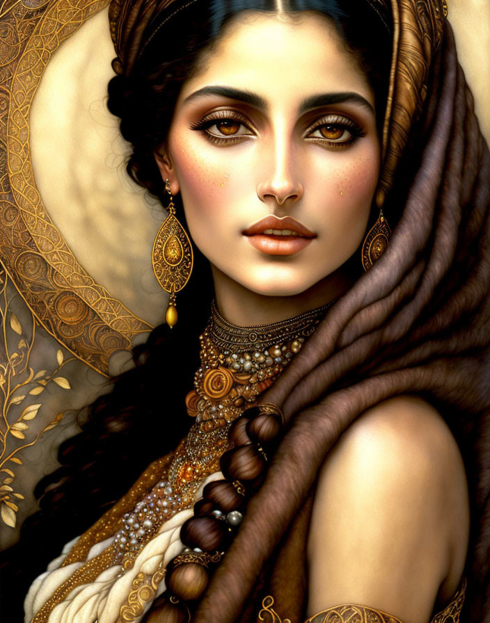 Detailed illustration of confident woman with intricate jewelry and eye makeup