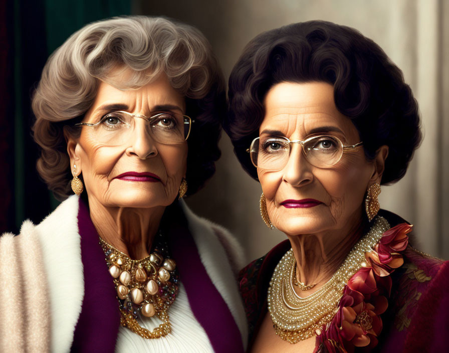 Elderly women in elegant attire with gray hair and pearl necklaces