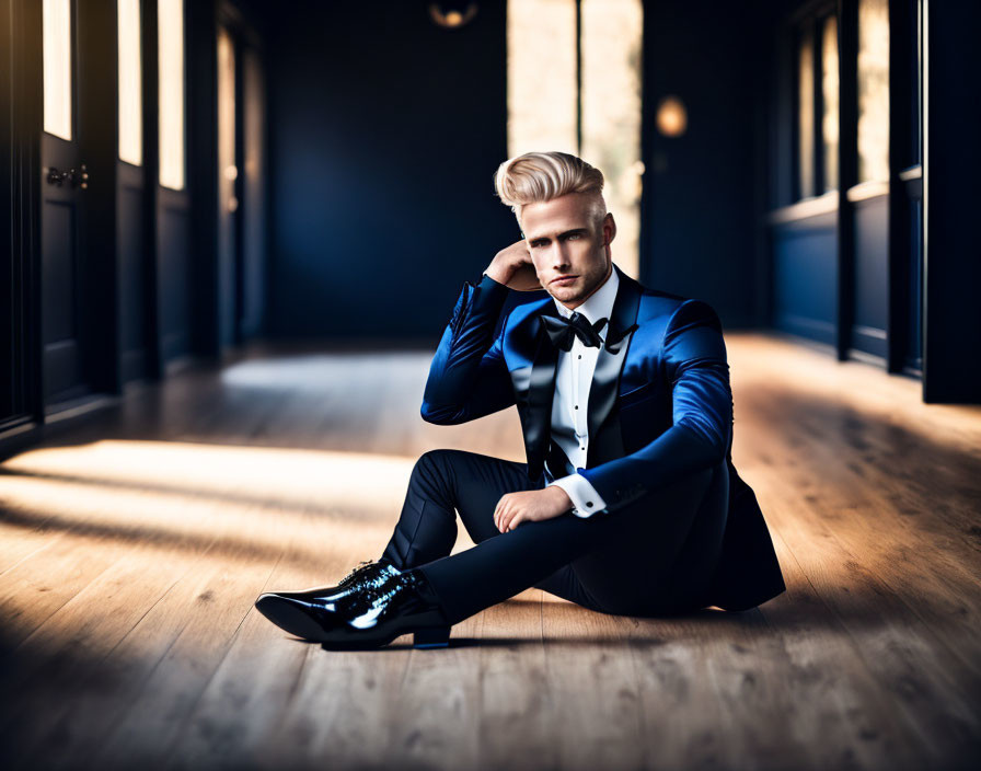 Blond man in blue tuxedo with black lapel and bow tie in pensive pose