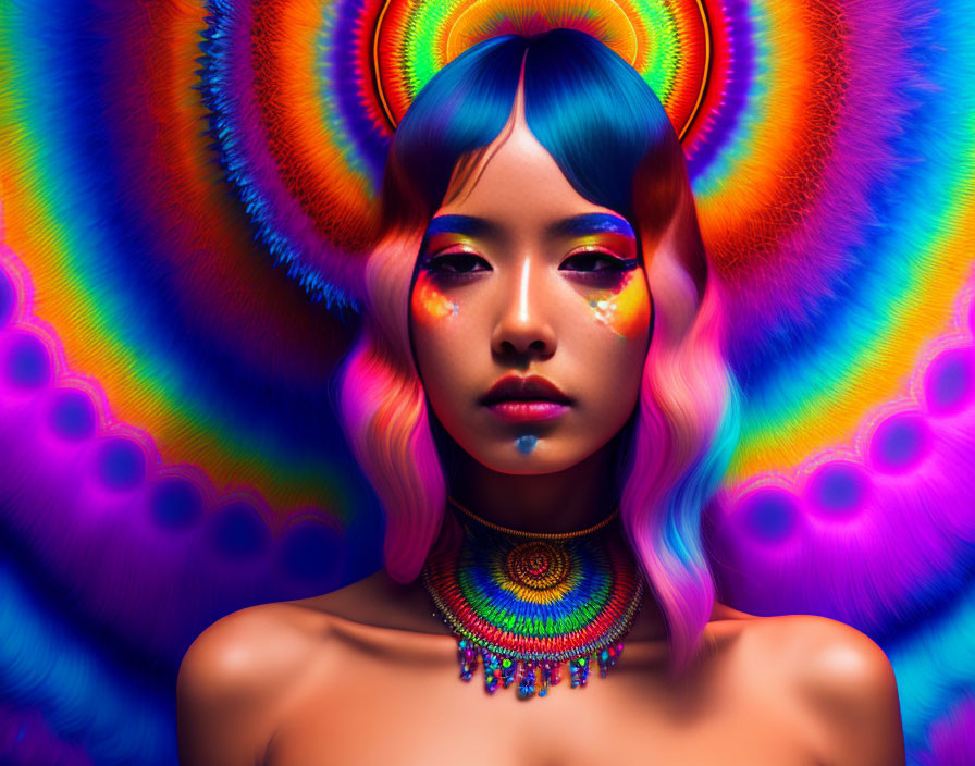 Colorful Hair and Makeup Woman on Psychedelic Mandala Background