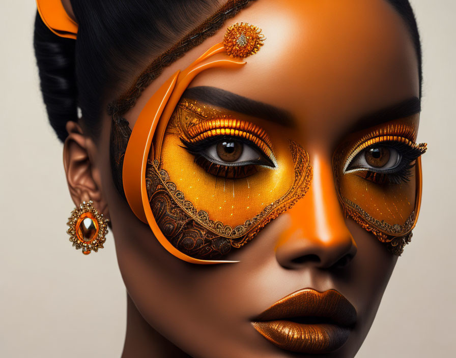 Woman with Orange and Gold Eyeshadow and Ornate Designs for Avant-Garde Look