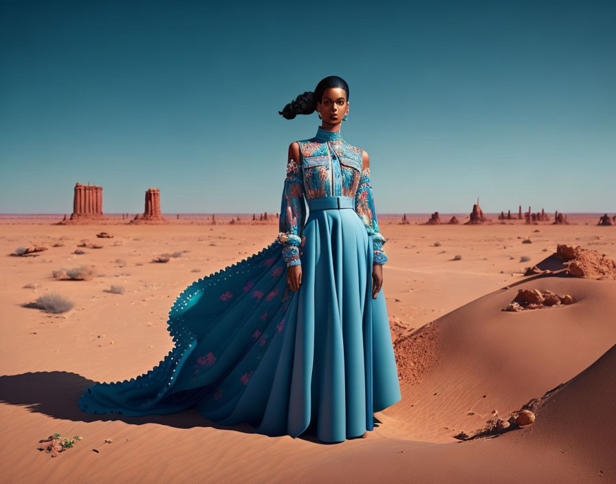 Woman in Blue Gown Stands in Desert with Rock Formations