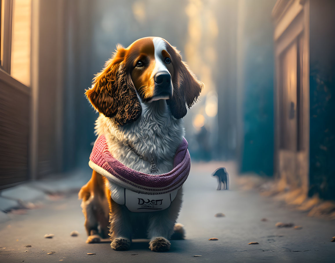 Spaniel Dog in Scarf Sitting on Sunlit Autumn Street with Bird and Leaves