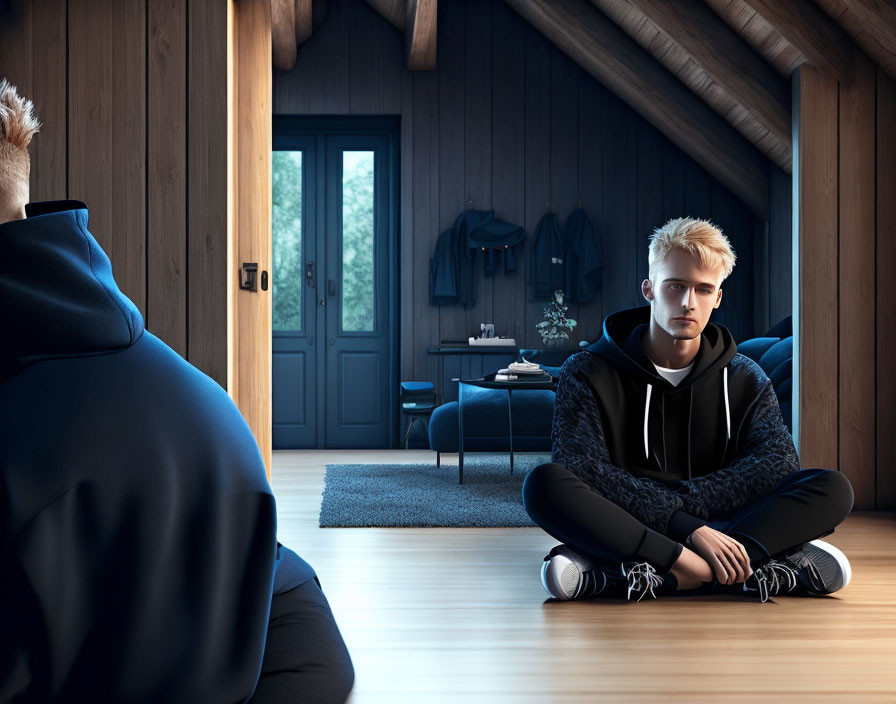 Two people in dimly lit cabin room, one sitting cross-legged, facing the other's back.