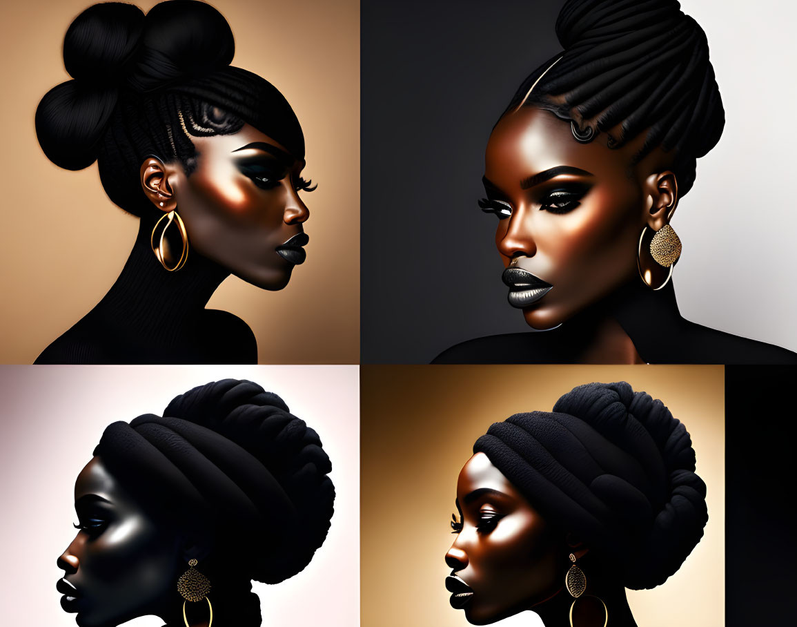 Stylized portraits of a woman with intricate hairstyles and hoop earrings in high-contrast lighting against warm