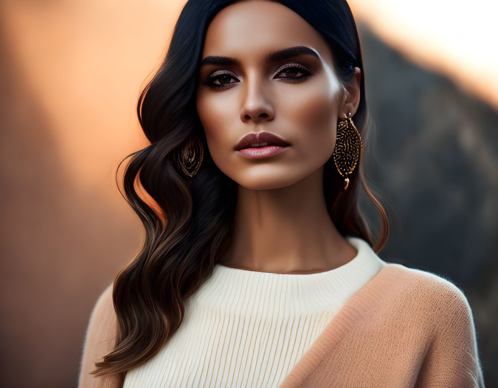 Dark-haired woman in cream sweater with gold earrings and smokey eye makeup pose against blurred background