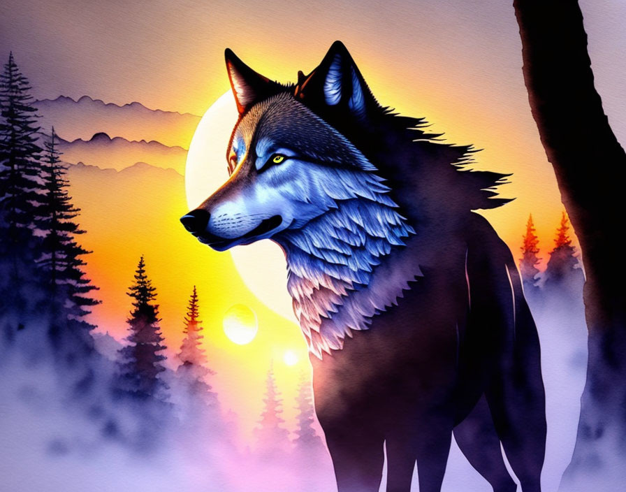 Majestic wolf in vibrant forest sunset scene