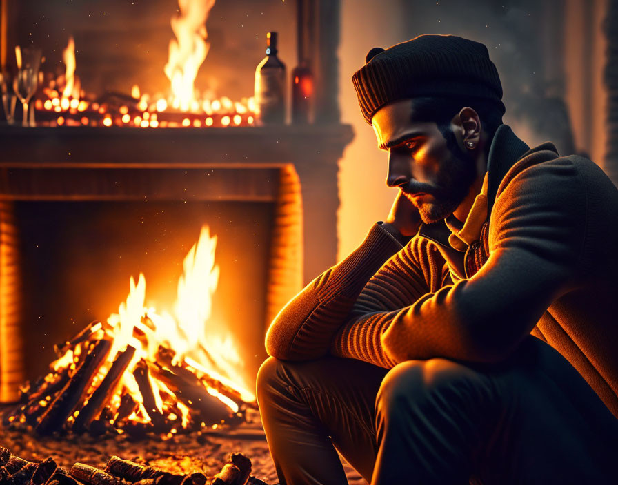 Person sitting by roaring fireplace in warm glow.