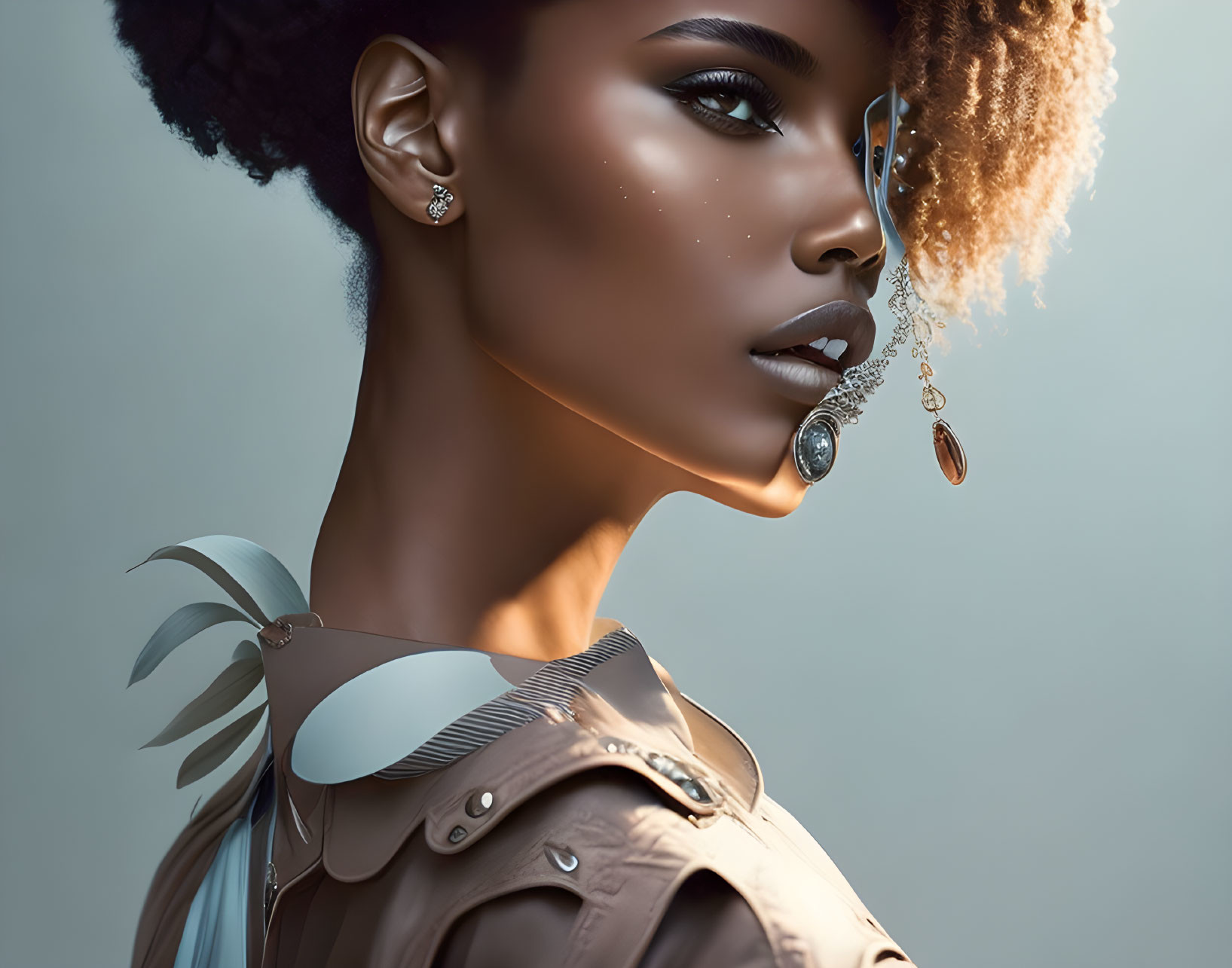 Woman with Feathered Earrings, Highlighted Cheekbones, Ombré Afro Hairstyle