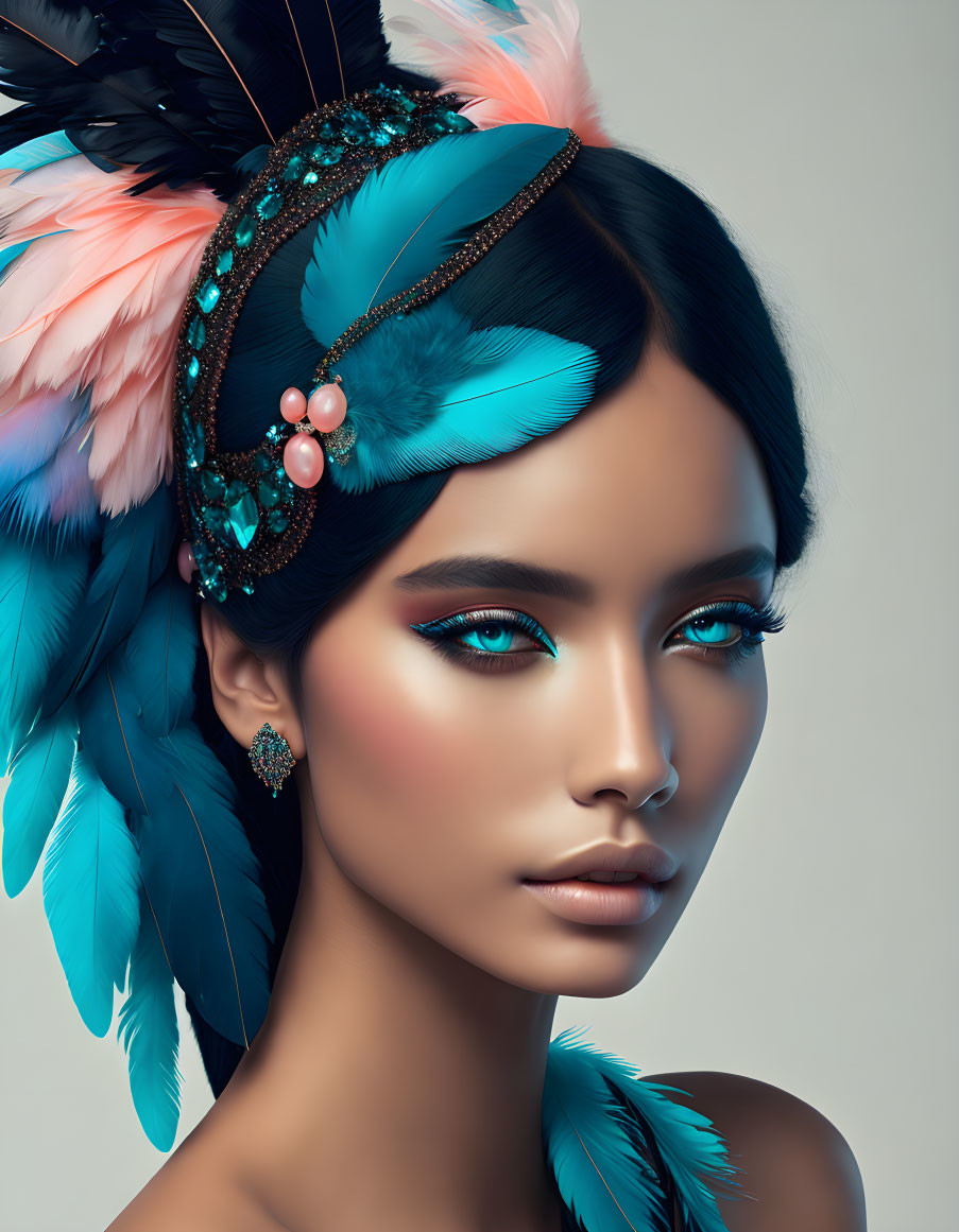 Digital artwork: Woman with aqua eye makeup & feather headpiece