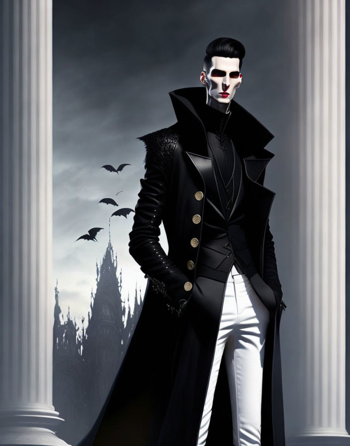 Stylized gothic illustration of pale figure in black coat with bats and castle.