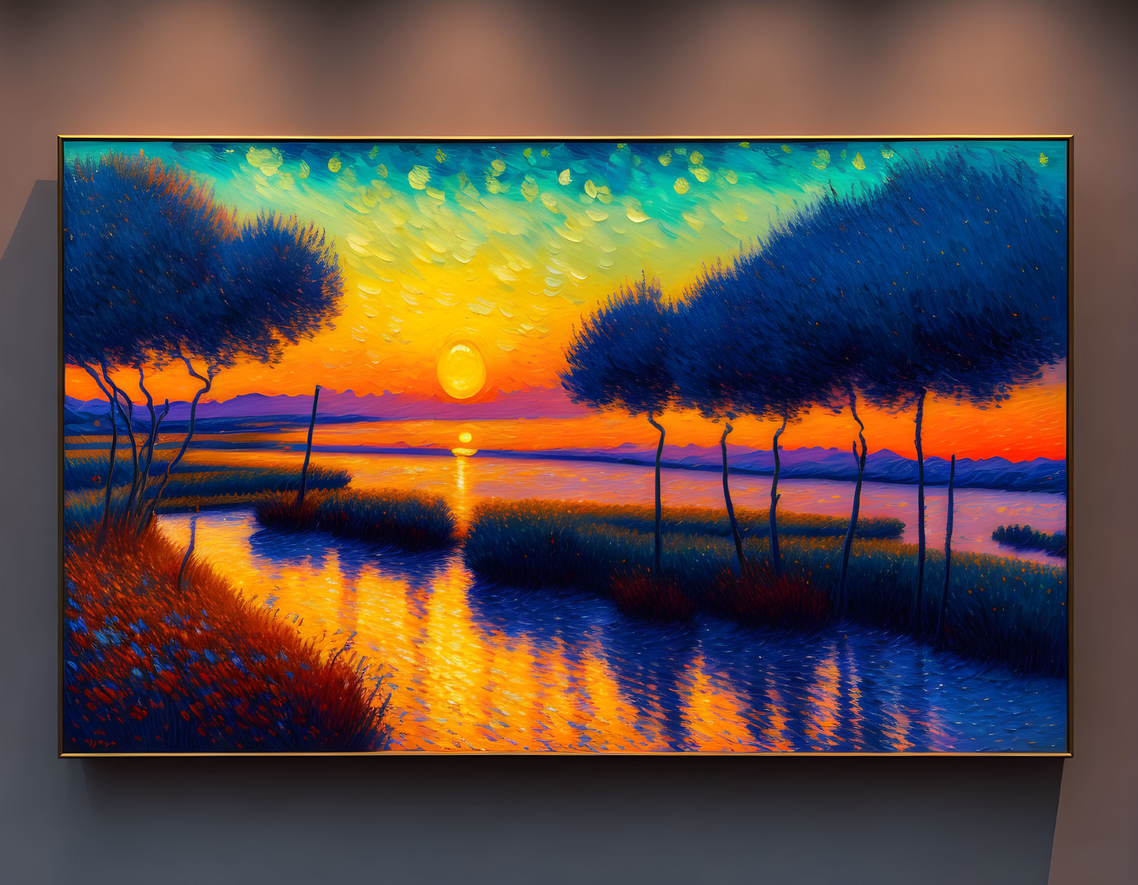 Colorful sunset painting with silhouetted trees and water reflections on display