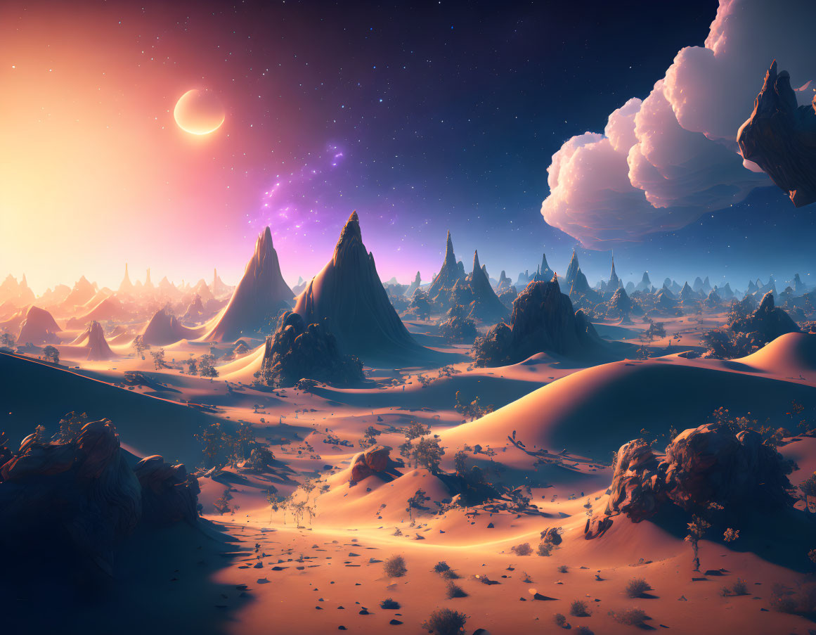 Alien desert landscape with floating rocks and purple skies