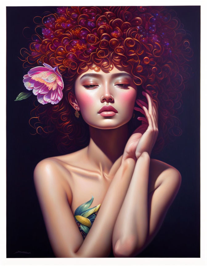 Portrait of woman with red curly hair, pink flower, and yellow butterfly.