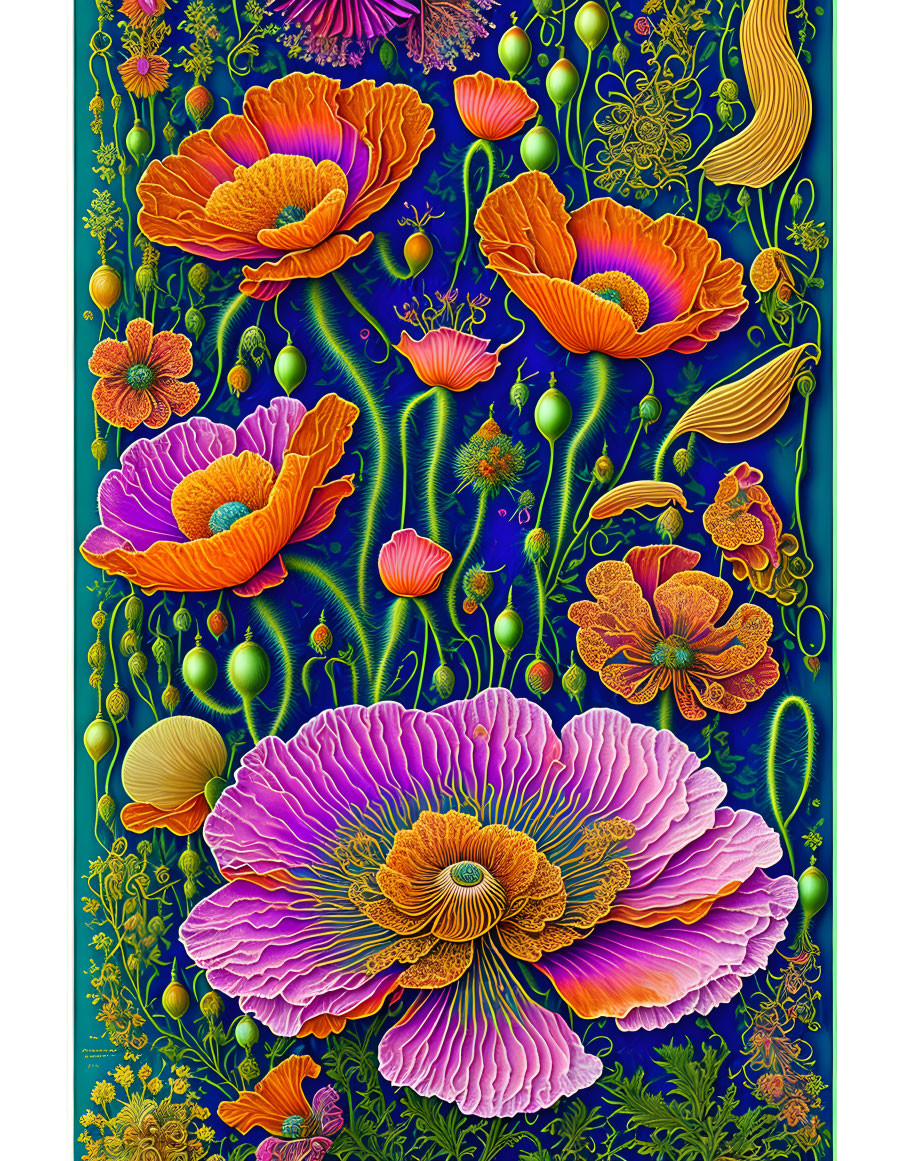 Colorful Flower Illustration with Poppies on Blue Background