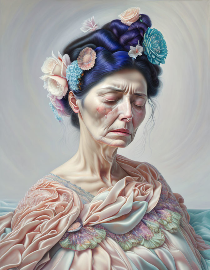 Detailed portrait of woman with blue hair and floral adornments, in ruffled dress, eyes closed.