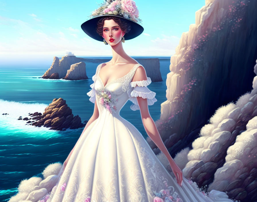 Woman in white floral dress and wide-brimmed hat by coastal cliff with serene sea view